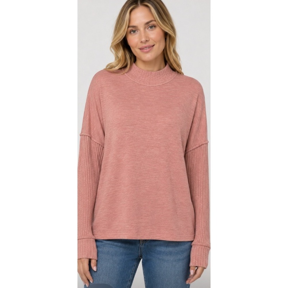 Amadi‎ Anthropologie Coral Pink Mock Neck Ribbed Sleeve Top  Medium NEW